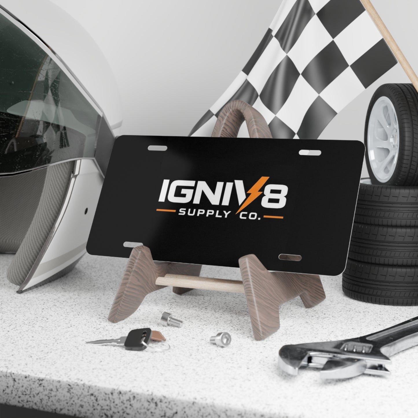 Igniv8 Supply Co. Logo Vanity Plate — Black or Brushed Metal Front License Plate